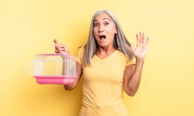 Orta yaşlı, güzel bir kadın ellerini havaya kaldırarak çığlık atıyor. evcil hayvan kafesi veya hapishane konsepti
