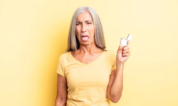 Middle Age Pretty Woman Feeling Disgusted Irritated Tongue Out Lighter — Stock Photo, Image