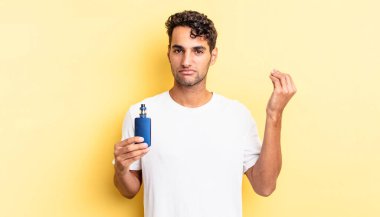 İspanyol yakışıklı adam kapiş ya da para hareketi yapıyor, sana ödemeni söylüyor. buharlaştırıcı kavramı