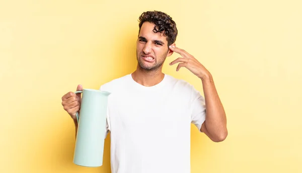 Hispanic Handsome Man Feeling Confused Puzzled Showing You Insane Coffee — Stock Photo, Image