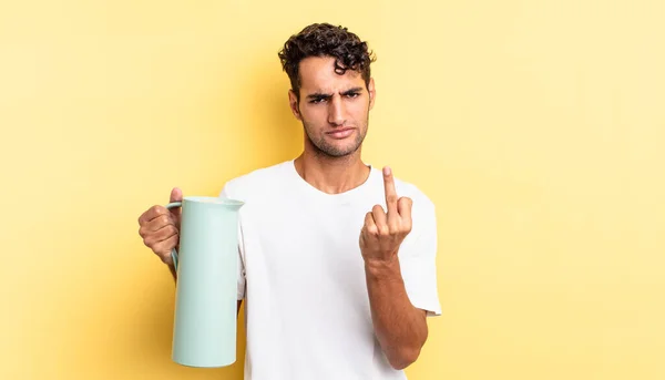 Hispanic Handsome Man Feeling Angry Annoyed Rebellious Aggressive Coffee Thermos — Stock Photo, Image