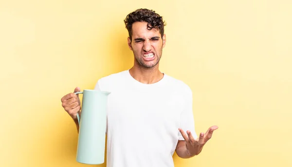 Hispanic Handsome Man Looking Angry Annoyed Frustrated Coffee Thermos Concept — Stock Photo, Image