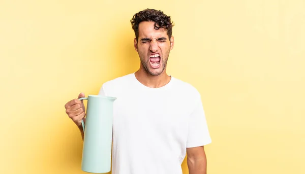 Hispanic Handsome Man Shouting Aggressively Looking Very Angry Coffee Thermos — Stock Photo, Image