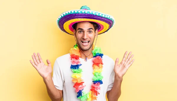 Hispanic Handsome Man Feeling Happy Astonished Something Unbelievable Mexican Party — Stock Photo, Image