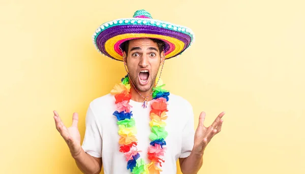 Hispanic Handsome Man Feeling Extremely Shocked Surprised Mexican Party Concept — Stock Photo, Image