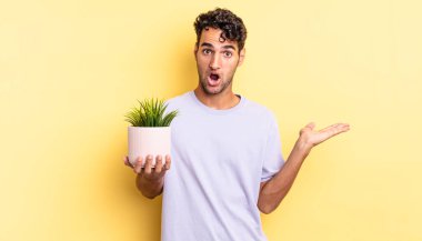 İspanyol yakışıklı adam şaşırmış ve şok olmuş görünüyor. Çenesi düşmüş ve elinde bir nesne var. dekoratif bitki konsepti