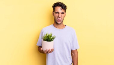 İspanyol yakışıklı adam iğreniyor, sinirleniyor ve dili dışarı çıkıyor. dekoratif bitki konsepti