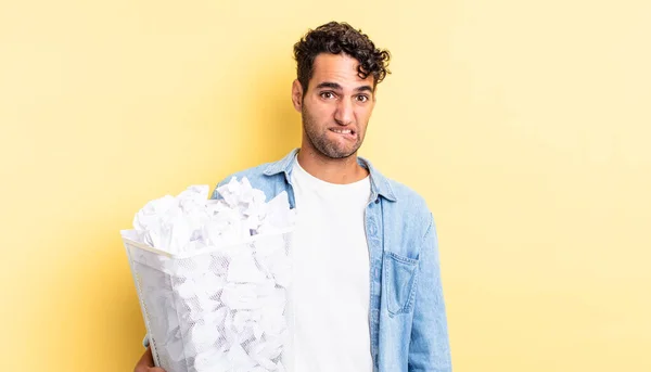 Hispanic Handsome Man Looking Puzzled Confused Paper Balls Trash Concept — Stock Photo, Image