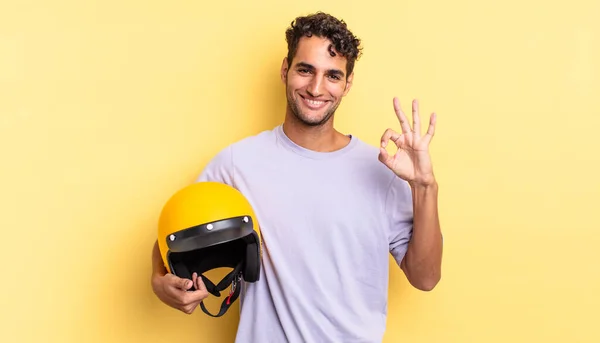 Hispanic Handsome Man Feeling Happy Showing Approval Okay Gesture Motorbike — Stock Photo, Image