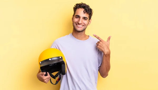 Hispanic Handsome Man Smiling Confidently Pointing Own Broad Smile Motorbike — Stock Photo, Image