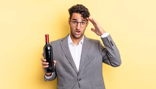 Hispanic Handsome Man Looking Happy Astonished Surprised Wine Bottle Concept — Stock Photo, Image