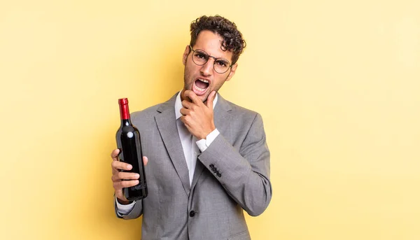 Hispanic Handsome Man Mouth Eyes Wide Open Hand Chin Wine — Stock Photo, Image