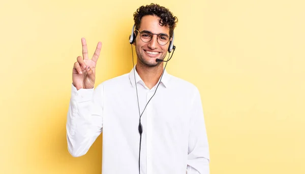 Hispanic Handsome Man Smiling Looking Happy Gesturing Victory Peace Telemarketer — Stock Photo, Image