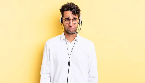 Hispanic Handsome Man Feeling Sad Whiney Unhappy Look Crying Telemarketer — Stock Photo, Image