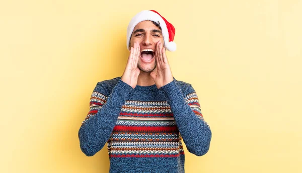 Hispanic Handsome Man Feeling Happy Giving Big Shout Out Hands — Stock Photo, Image