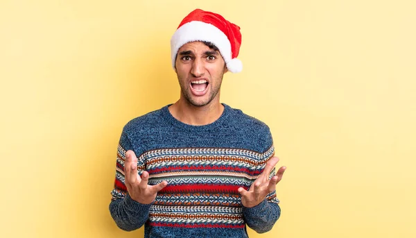 Hispanic Handsome Man Looking Desperate Frustrated Stressed Christmas Concept — Stock Photo, Image