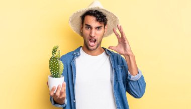 İspanyol asıllı yakışıklı adam elleri havada bağırıyor çiftçi ve kaktüs kavramında