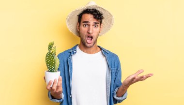 İspanyol yakışıklı adam şok olmuş ve şaşırmış çiftçi ve kaktüs kavramı