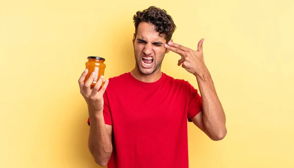 Hombre Guapo Hispano Que Parece Infeliz Estresado Gesto Suicida Haciendo — Foto de Stock