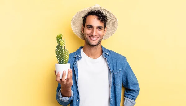 Hispanic Handsome Man Smiling Happily Hand Hip Confident Farmer Cactus — Stock Photo, Image