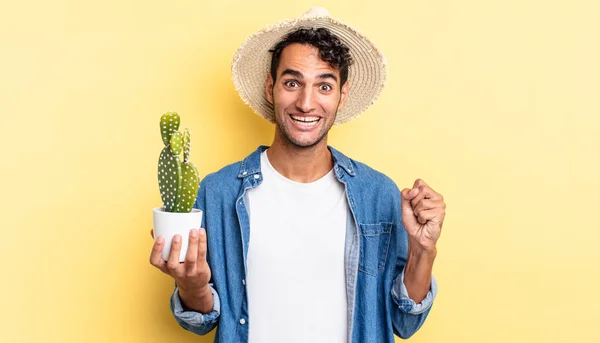 Hispanic Handsome Man Feeling Shocked Laughing Celebrating Success Farmer Cactus — Stock Photo, Image