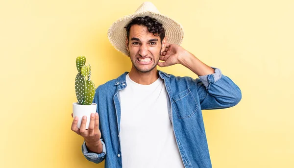 Hispanic Handsome Man Feeling Stressed Anxious Scared Hands Head Farmer — Stock Photo, Image