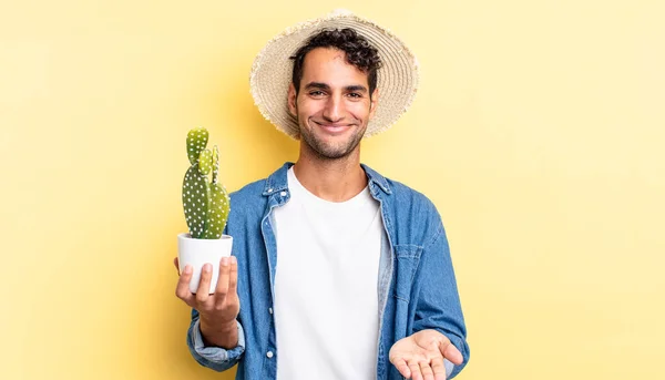 Hispanic Handsome Man Smiling Happily Friendly Offering Showing Concept Farmer — Stock Photo, Image