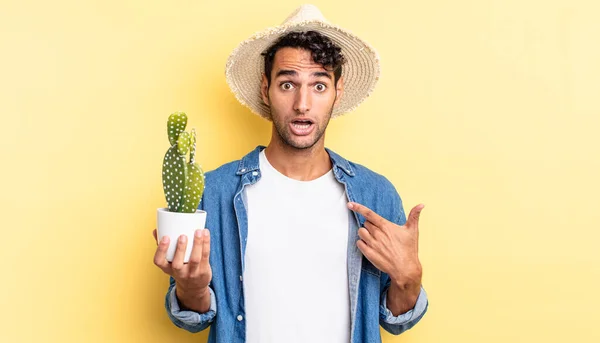 Hispanic Handsome Man Feeling Happy Pointing Self Excited Farmer Cactus — Stock Photo, Image