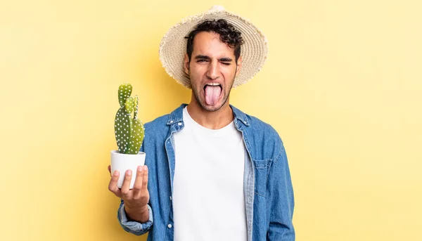 Hispanic Handsome Man Cheerful Rebellious Attitude Joking Sticking Tongue Out — Stock Photo, Image