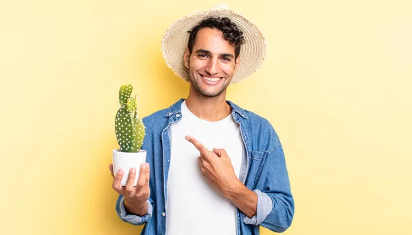 Hispanic Handsome Man Smiling Cheerfully Feeling Happy Pointing Side Farmer — Stock Photo, Image