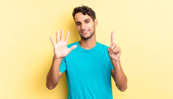 Hispanic Handsome Man Smiling Looking Friendly Showing Number Six — Stock Photo, Image