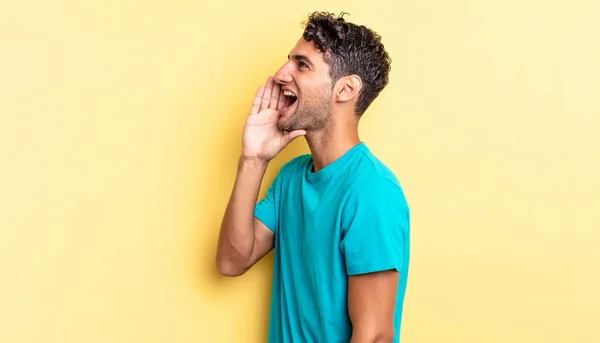 Hispanic Handsome Man Profile View Looking Happy Excited Shouting Calling — Stock Photo, Image