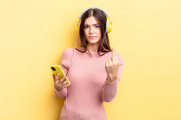 Young Hispanic Woman Feeling Angry Annoyed Rebellious Aggressive Headphones Telephone — Stock Photo, Image