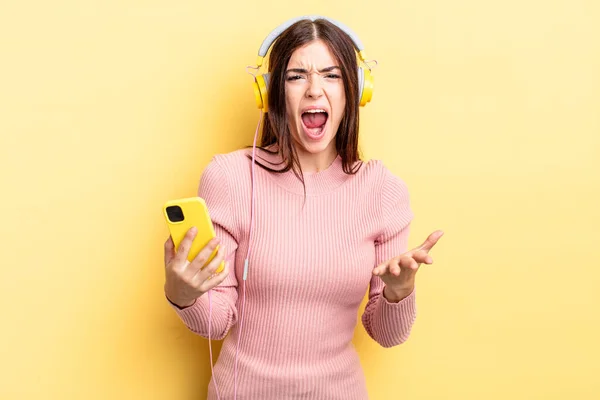 Young Hispanic Woman Looking Angry Annoyed Frustrated Headphones Telephone Concept — Stock Photo, Image