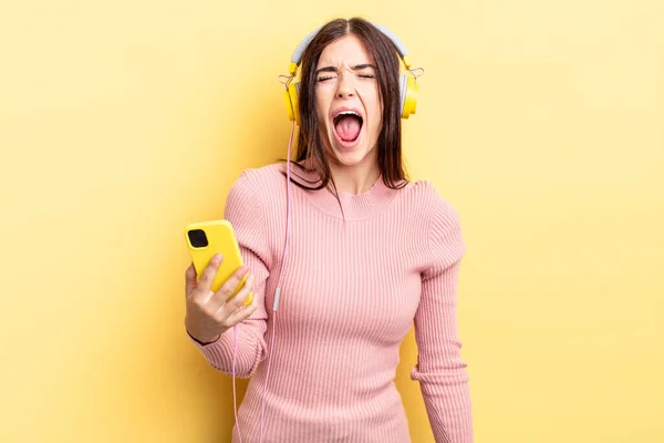 Young Hispanic Woman Shouting Aggressively Looking Very Angry Headphones Telephone — Stock Photo, Image