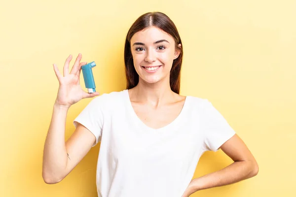 Young Hispanic Woman Smiling Happily Hand Hip Confident Asthma Concept — Stock Photo, Image