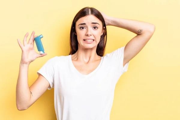 Young Hispanic Woman Feeling Stressed Anxious Scared Hands Head Asthma — Stock Photo, Image