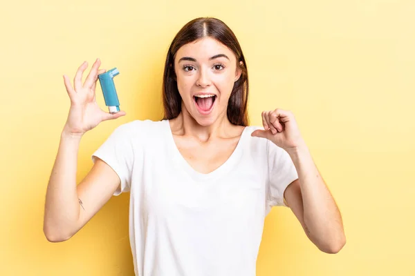 Young Hispanic Woman Feeling Happy Pointing Self Excited Asthma Concept — Stock Photo, Image