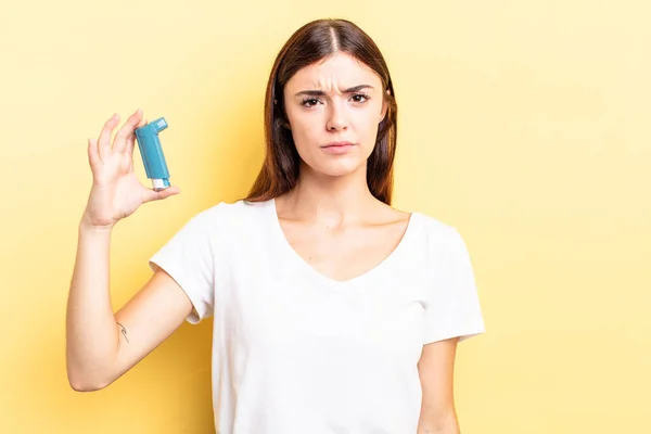 Young Hispanic Woman Feeling Sad Whiney Unhappy Look Crying Asthma — Stock Photo, Image