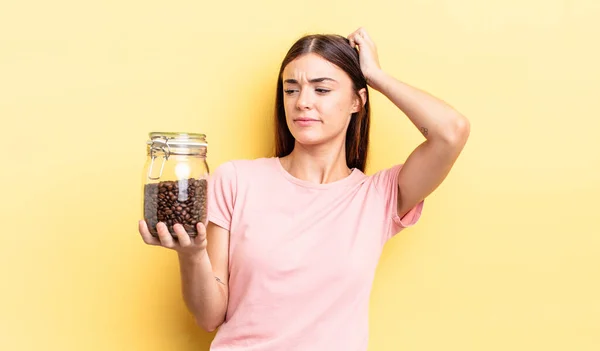 Young Hispanic Woman Smiling Happily Daydreaming Doubting Coffee Beans Concept — Stock Photo, Image