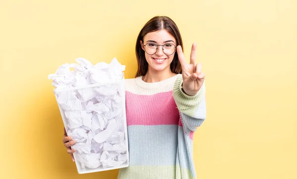 Young Hispanic Woman Smiling Looking Friendly Showing Number Two Failure — Stock Photo, Image