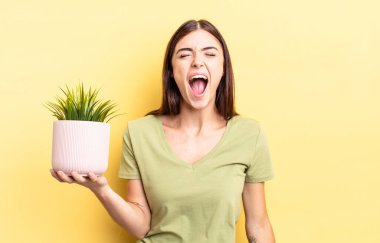 Genç İspanyol kadın agresif bir şekilde bağırıyor, çok kızgın görünüyor. bitki otu konsepti