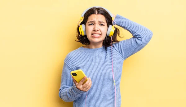 Young Hispanic Woman Feeling Stressed Anxious Scared Hands Head Headphones — Stock Photo, Image