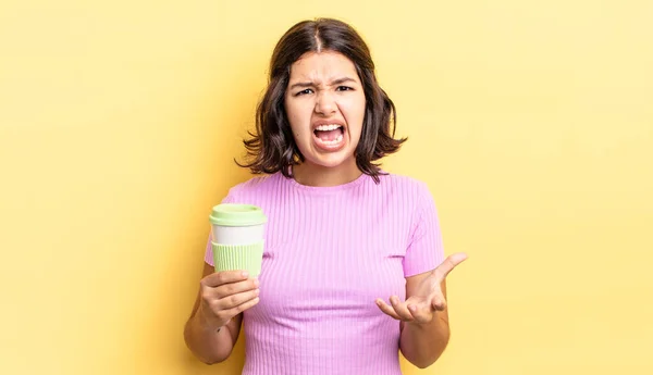 Jovem Hispânica Olhando Com Raiva Irritado Frustrado Tirar Conceito Café — Fotografia de Stock
