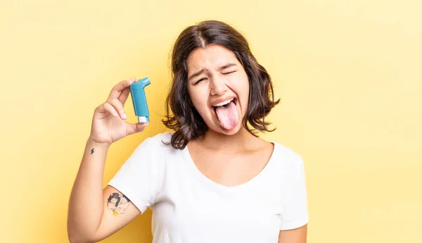 Young Hispanic Woman Cheerful Rebellious Attitude Joking Sticking Tongue Out — Stock Photo, Image