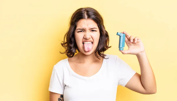 Young Hispanic Woman Feeling Disgusted Irritated Tongue Out Asthma Concept — Stock Photo, Image
