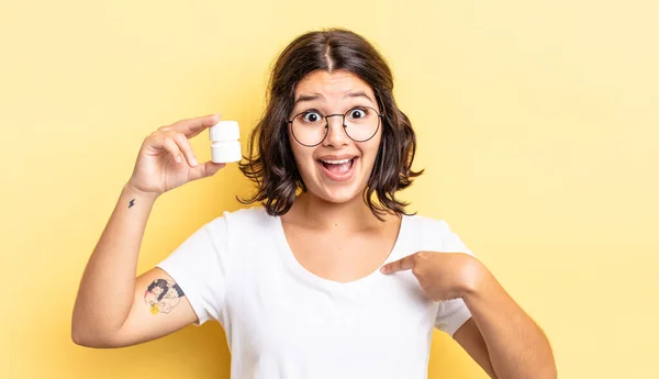 Young Hispanic Woman Feeling Happy Pointing Self Excited Illness Pills — Stock Photo, Image