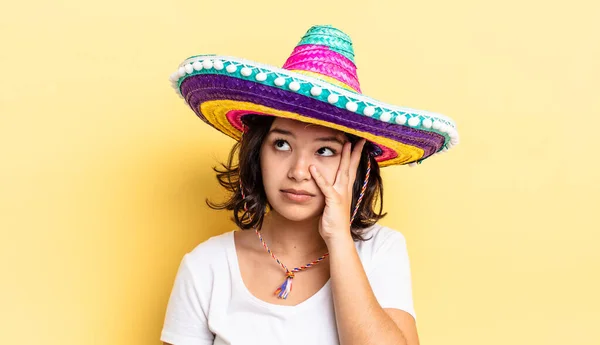 Young Hispanic Woman Feeling Bored Frustrated Sleepy Tiresome Mexican Hat — Stock Photo, Image