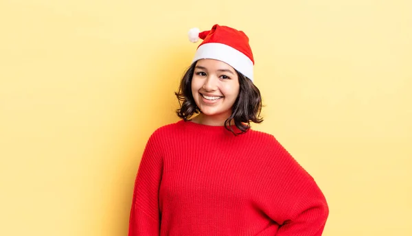 Young Hispanic Woman Smiling Happily Hand Hip Confident Christmas Concept — Stock Photo, Image