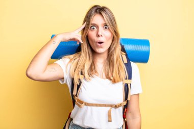 Güzel sarışın kız şaşırmış görünüyor, yeni bir düşünce, fikir ya da konsept fark ediyor. Yürüyüş konsepti